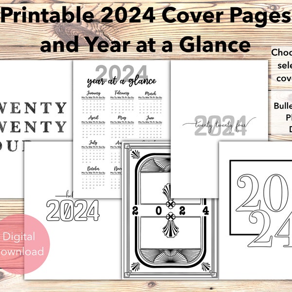 2024 Printable Selection of Title Cover Pages and Year at a Glance for Bullet Journals, Planners, Diaries, A5 size, Instant Download