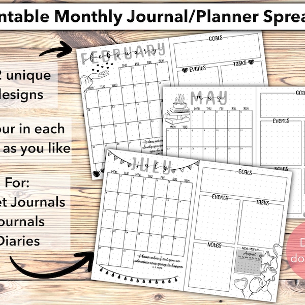 2024 Printable Monthly Spreads for Bullet Journals, Planners, Diaries, 2 x A5 per sheet, 12 x A4 sheets, Instant Download