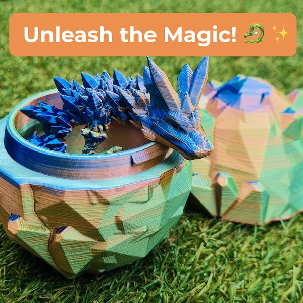 Dragon egg with 10-inch fidget dragon, small 3d printed articulating desk toy