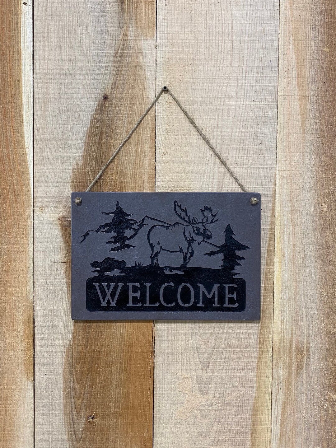 Engraved Stone Wall Hanging. Welcome, Moose, Trees, and Mountain Wall ...