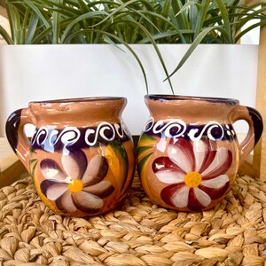May include: Two brown ceramic mugs with colorful floral designs. The mugs have a rounded shape and a handle on one side. The designs feature white, yellow, purple, and red flowers with green leaves.