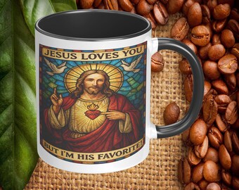 Jesus Loves You But I’m His Favorite Mug, 11oz or 15oz Ceramic Stained Glass Religious Coffee Mug Gift