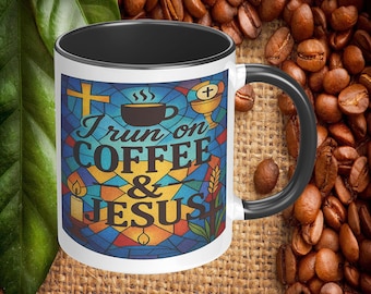 I Run on Coffee and Jesus Mug, Stained Glass 11oz or 15oz Ceramic Mug