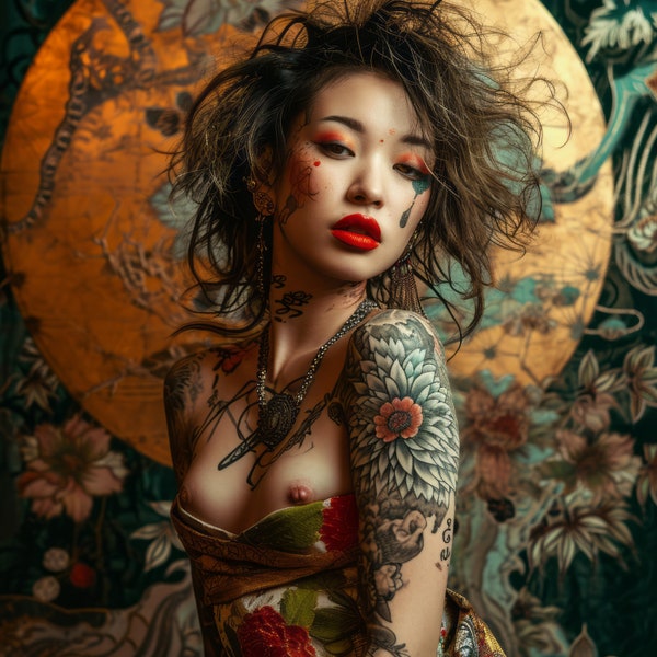 Stunning portraits of Japanese Asian modern inked women. Tattooed woman topless, fine art nude. Set of 3 digital wall prints AI.