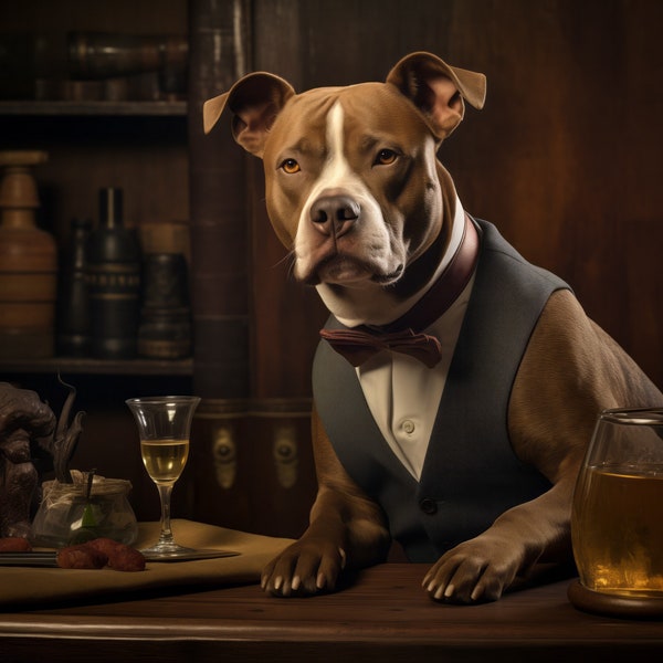 Oscar 1. close-up. Fantasy portrait of a pit-bull dog working as bartender. Big digital print, perfect gift for dog lovers!