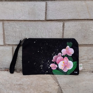Borsa per cosmetici, dipinta a mano, custodia da viaggio per il trucco, kit da toeletta, orchidea, custodia nera, borsa per il trucco con cerniera, borsa in cotone, regalo personalizzato