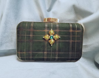 Clutch Handbag and shoulder bag genuine leather suede tartan golden nozzle interior velvet and leather