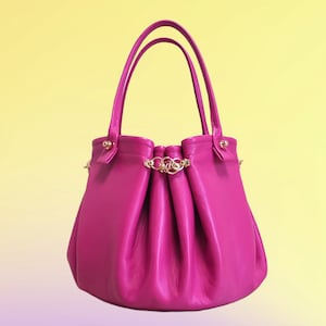 MAGENTA V&G Series handbag, genuine morocco leather, original VALDRUIZ design, double handle, fuchsia pink,
