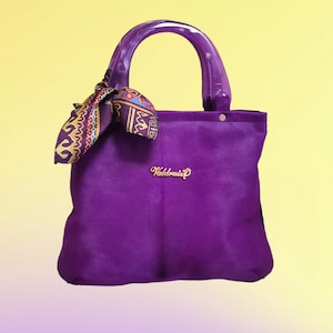 MAGENTA V&G Series handbag, genuine goatskin with purple hair, resin handles, VALDRUIZ brand in 24K gold plated sterling silver