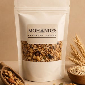 May include: A white pouch of granola labelled "Mohandes Handmade Snacks". A wooden scoop of granola, a small wooden bowl of oats, a few walnuts and seeds are arranged on a neutral surface, with wheat stalks in the background.