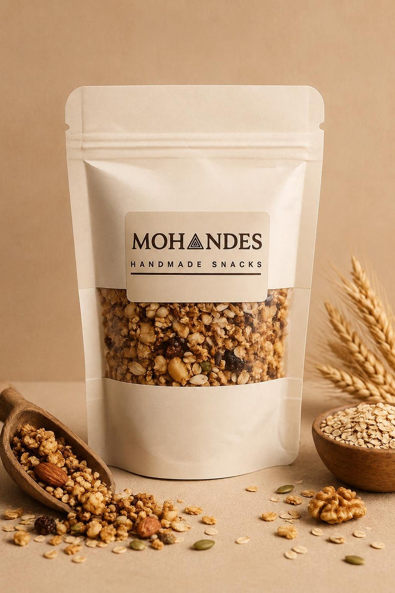 May include: A white pouch of granola labelled "Mohandes Handmade Snacks". A wooden scoop of granola, a small wooden bowl of oats, a few walnuts and seeds are arranged on a neutral surface, with wheat stalks in the background.