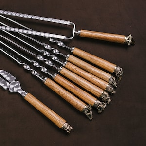 Set of skewers Minimalism Light with bronze animals 6 pcs | Set of forged barbecue skewers | Stainless steel skewers, a gift for him