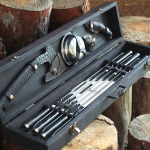 Set of skewers &quot;Marfa&quot; in a wooden case | Set of forged barbecue skewers | Stainless steel skewers, a gift for him