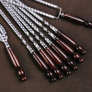 Set of skewers &quot;Drop &quot; brown 6 pcs | Set of forged barbecue skewers | Stainless steel skewers, a gift for him