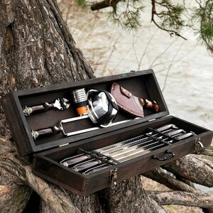 Set of skewers &quot;Halt&quot; in a wooden case | Set of forged barbecue skewers | Stainless steel skewers, a gift for him