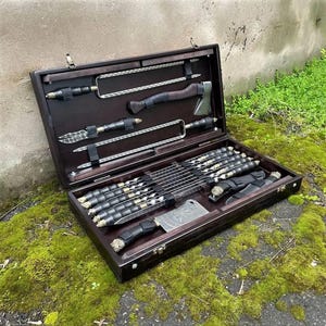 Set of skewers “CATEGATE” in a wooden case | Set of forged barbecue skewers | Stainless steel skewers, a gift for him