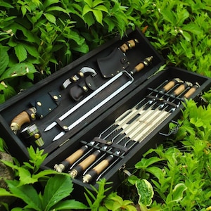 Set of skewers &quot;Gradient&quot; in a wooden case | Set of forged barbecue skewers | Stainless steel skewers, a gift for him