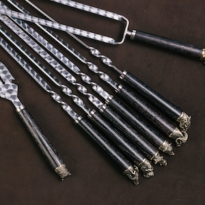 Set of skewers Minimalism dark with bronze animals 6 pcs | Set of forged barbecue skewers | Stainless steel skewers, a gift for him