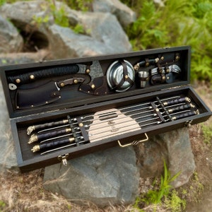 Set of skewers &quot;Practical&quot; in a wooden case | Set of forged barbecue skewers | Stainless steel skewers, a gift for him