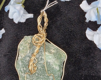 Handmade Silver Wire Wrap Aventurine Necklace, Green Gemstone Pendant, Wire Weave Design, Spiral Accent