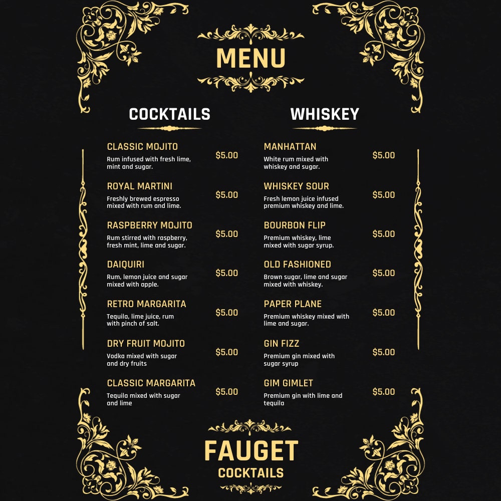 Fully Editable Cocktail Menu Template MS Word Indesign Print