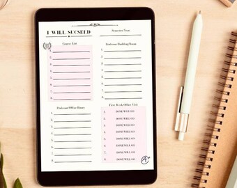 Puede incluir: Un planificador digital en la pantalla de una tableta con las palabras "I WILL SUCCEED" en la parte superior. El planificador está dividido en secciones para la lista de cursos, las horas de oficina del profesor y la primera semana de visita a la oficina. El planificador tiene un fondo rosa y texto negro.