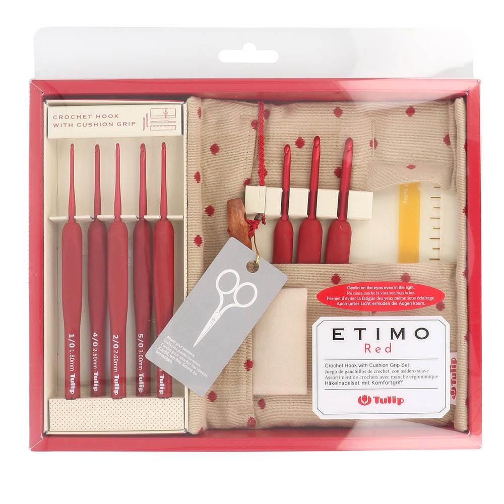 TULIP Etimo Red - 8 crochet hooks with soft grip, 2 tapestry needles, ruler, fabric polka dot case