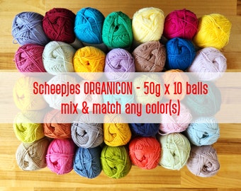 10 ovillos Scheepjes ORGANICON - 50g 170m 185y GOTS Hilo de Algodón Orgánico 70 tonos, Ropa de Manta para Bebé Lovey, Muñeca, Amigurumi, Ganchillo, Tejer