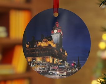 Edinburgh Ornament, Scotland Photography, Round Metal Decoration, Souvenir, Xmas, Christmas Tree, City, Night, Vacation, Travel Gift