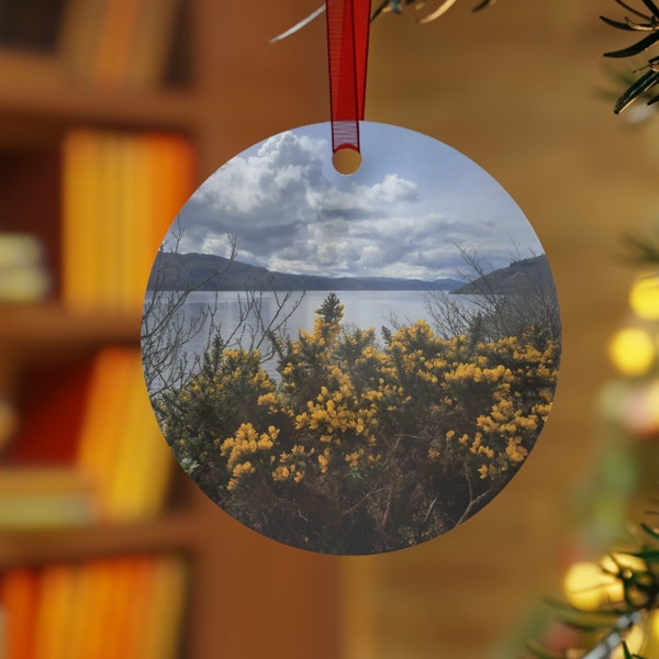 Loch Ness Ornament, Scotland in Spring Photography, Round Metal Decoration, Souvenir, Xmas, Christmas Tree, Nature, Vacation, Travel Gift