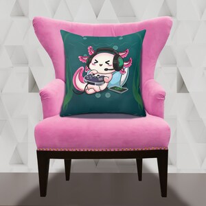 Axolotl Square Pillow - Adorable Bed Decor of Gaming Axolotl with Headset and Controller - Cute Gift Idea