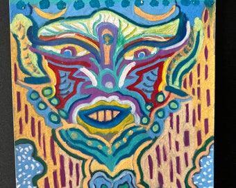 POSEIDON , original pagan shamanic painting abstract colorful pastel art on carboard