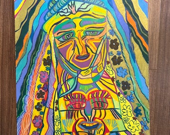 Shaman*handmade original painting water soluble pastel and wax pastel on cardboard