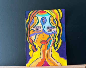 SHELA , original psychedelic fairy painting abstract colorful pastel art on carboard wall art interior