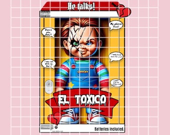 May include: A toy doll in a box with a red, white, and blue striped shirt, blue jeans, and a red star on the chest. The doll has a stitched-up face with green eyes and a red, white, and blue striped shirt. The box is yellow with red and white accents. The text on the box says "He talks!" and "EL TOXICO".
