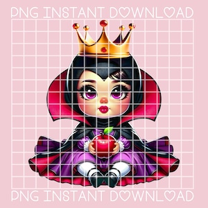 Peut inclure: Une illustration de dessin anim&eacute; de la m&eacute;chante reine de Blanche-Neige. Elle porte une robe violette, une cape rouge et une couronne dor&eacute;e. Elle tient une pomme rouge dans ses mains.