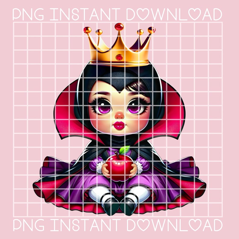 Peut inclure: Une illustration de dessin anim&eacute; de la m&eacute;chante reine de Blanche-Neige. Elle porte une robe violette, une cape rouge et une couronne dor&eacute;e. Elle tient une pomme rouge dans ses mains.