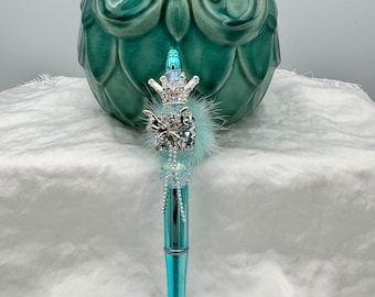 Butterfly with Bling Crown Fancy Beaded Pen, Black Ink Pen, Metallic Blue Fancy Beaded Pen, Custom Pen Gift