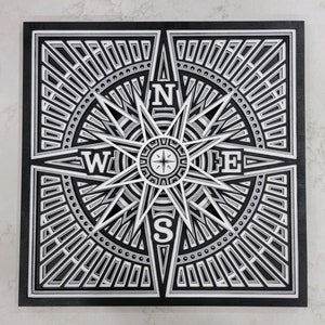 May include: A black and white compass with a decorative design. The compass points north, south, east, and west.