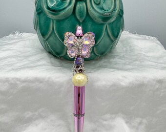 Lavender Butterfly Fancy Beaded Pen, Black Ink Pen, Metallic Ombre Pen, Custom Pen Gift