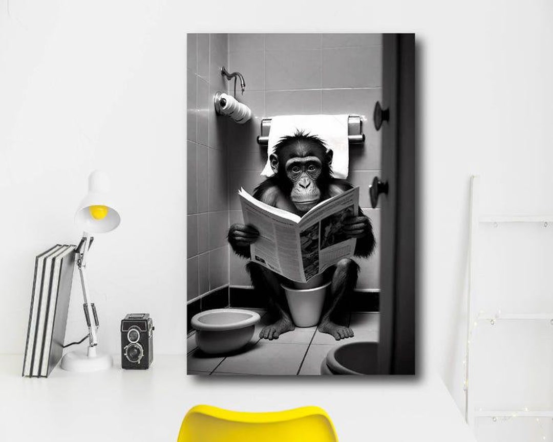 Monkey Reading Newspaper on the Toilet While Bathing Canvas Print ...