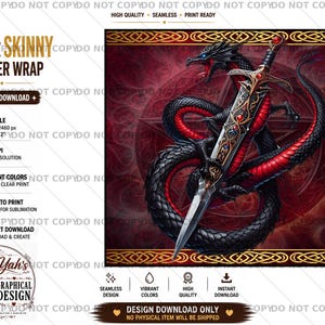 Peut inclure: Un design numérique pour un wrap de gobelet fin de 20 oz. L'œuvre d'art présente un dragon noir enroulé autour d'une épée avec une garde détaillée, sur un fond rouge. Le design comprend le texte "20oz Skinny Tumbler Wrap" et "Instant Download".