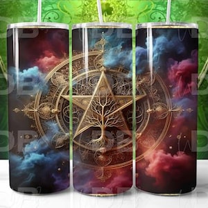 May include: A gold pentagram with a tree of life design inside, surrounded by a circle of intricate details. The background is a dark blue and red smoke effect.