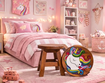 Handcrafted Childrens Stool - Unicorn Design. Wooden Kids Stool. Handmade. Playroom Furniture