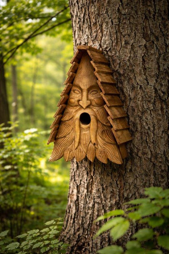 Triangular handcrafted Green Man birdhouse with a wildly distinctive pagan-folk-art face carved in — the kind of garden piece that sparks a double-take.