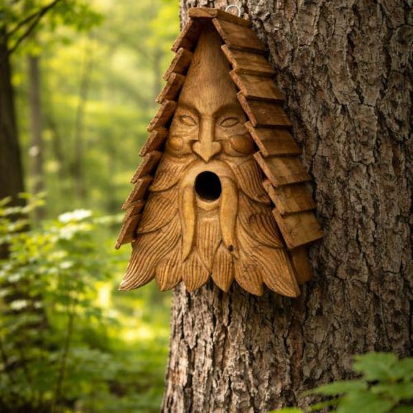 New handcrafted Triangular Shape Greenman Nesting Box, Bird house. Hanging Fixing. Bird Lovers Gift. Small Birds Home