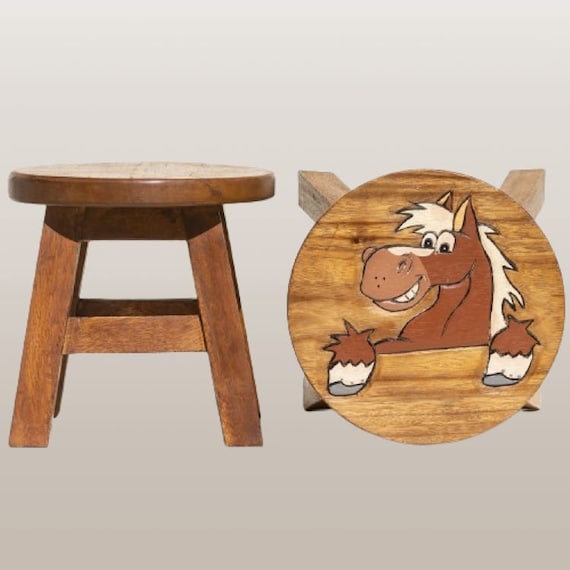 Handcrafted Childrens Stool Happy Horse on Gate Wooden