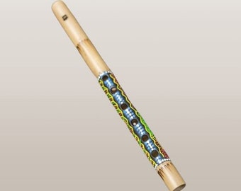 Handmade Painted Wooden Flute. Woodwind Instrument.