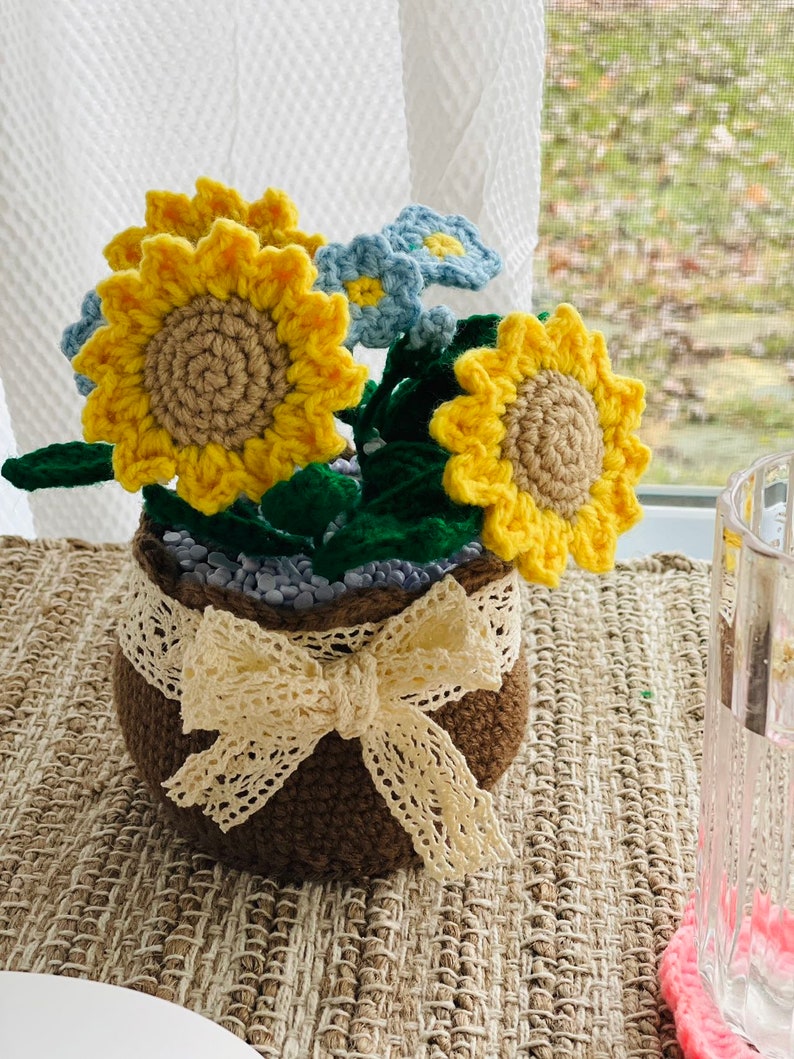 Handmade Crochet Sunflower/heart Potted Plant, Cute Crochet Potted
