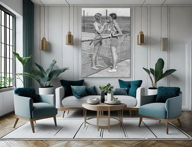 Women Tennis Players Smoking Canvas Wall Art, Black and White Vintage